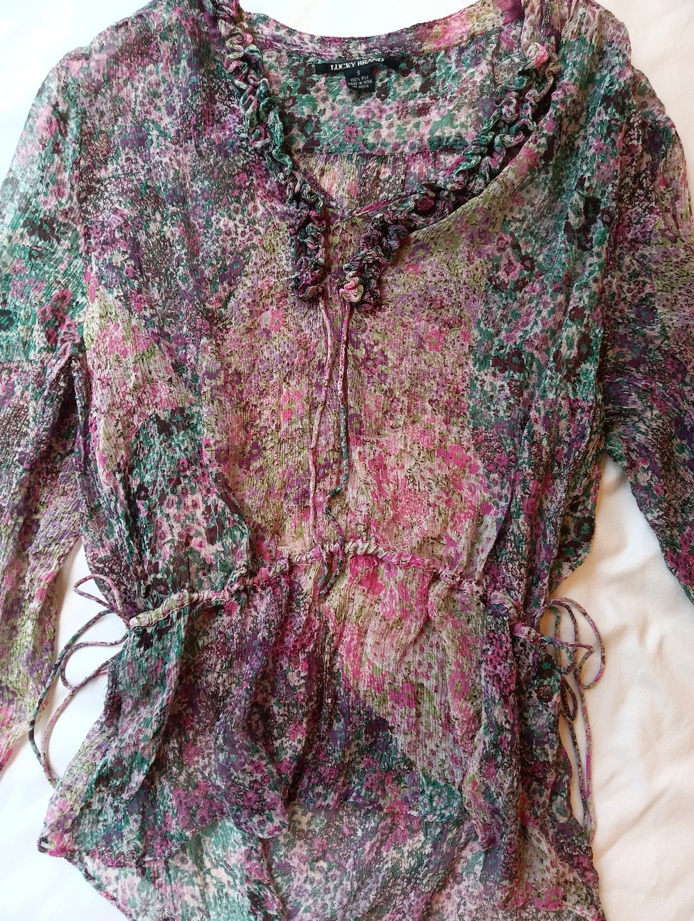 Lucky brand 100% silk floral blouse boho sheer ruffle tie waist